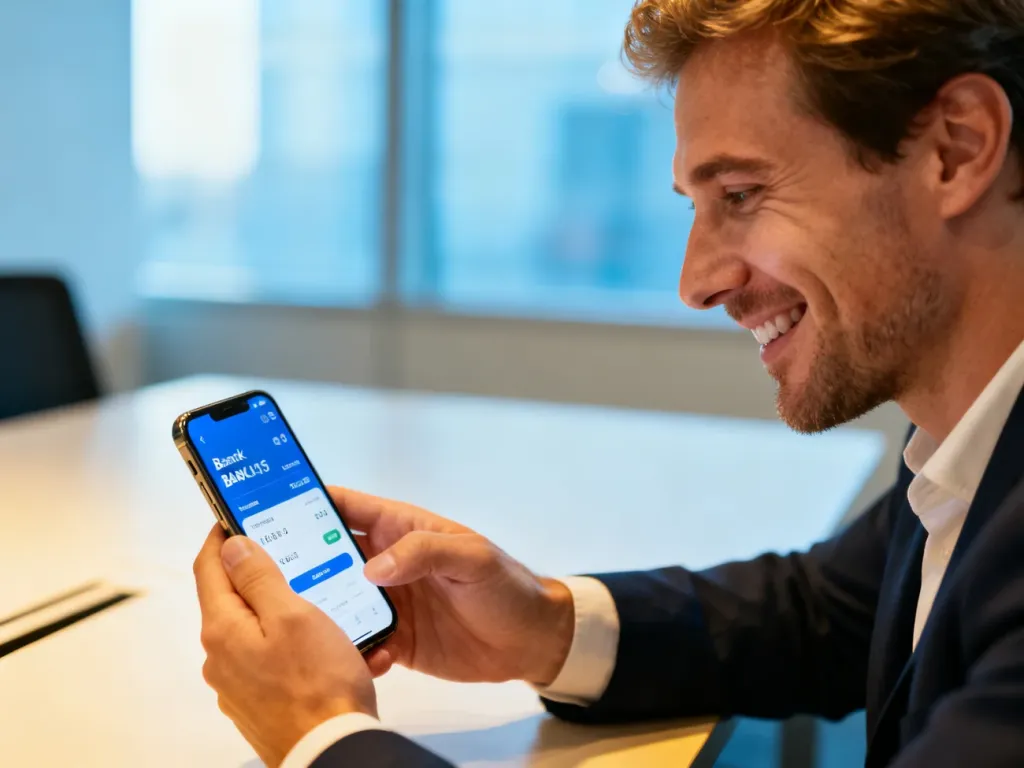 Mężczyzna zadowolony z obsługi aplikacji bankowej na smartfonie w nowoczesnym biurze.