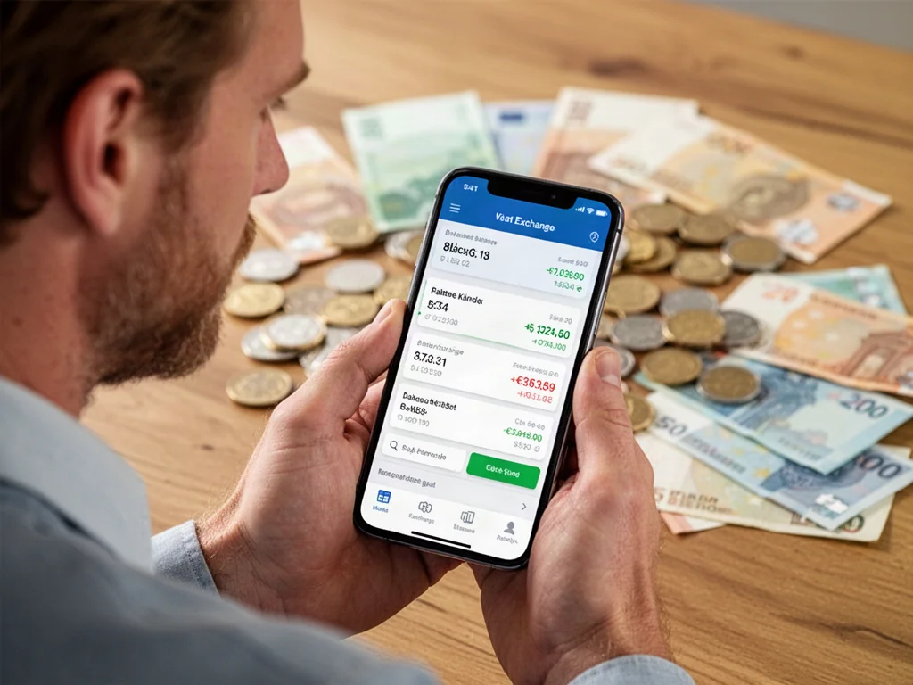 Mężczyzna trzyma smartfon z aplikacją do przeliczania walut na tle duńskich monet i banknotów.