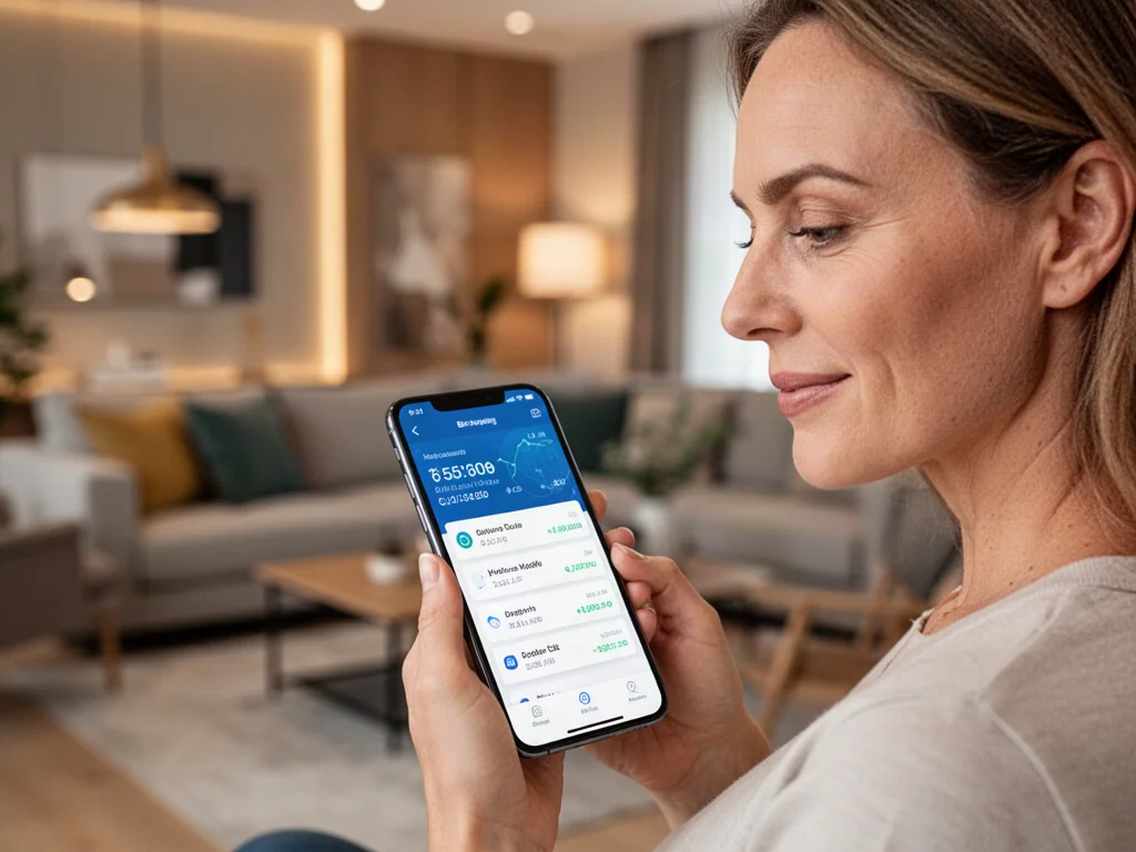 Kobieta sprawdza aplikację bankową na smartfonie w przytulnym salonie.