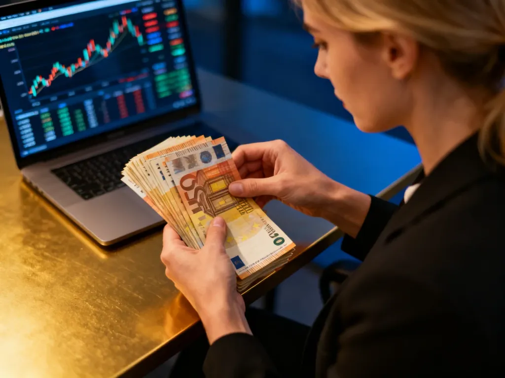 Kobieta przelicza plik banknotów euro przy biurku z wykresami finansowymi w tle, ilustrując proces wymiany walut.