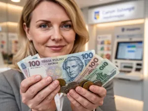 Kobieta czyści starą, zaśniedziałą monetę przy użyciu miękkiej ściereczki i pędzelka na drewnianym stole.