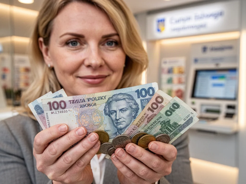 Kobieta trzymająca w dłoniach banknot 100 zł oraz ukraińskie hrywny na tle kantoru, ilustrująca wymianę walut.
