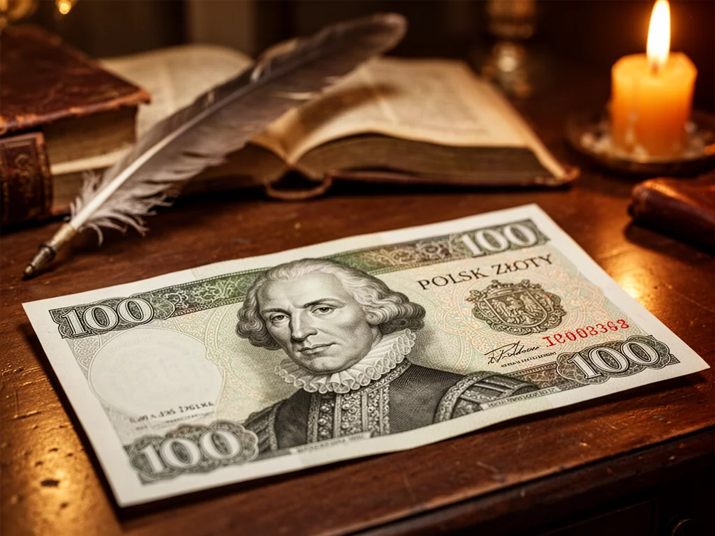 Zbliżenie na banknot 100 zł z wizerunkiem króla na tle zabytkowego biurka z piórem i starą księgą.