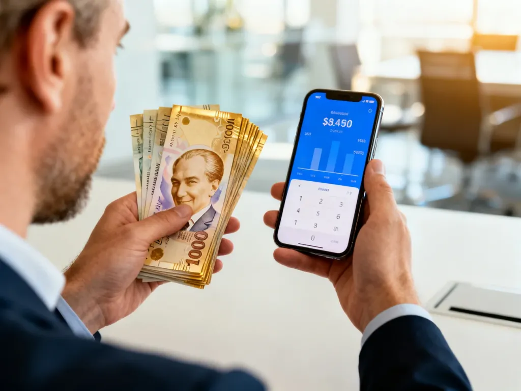 Mężczyzna trzymający w dłoniach banknoty liry tureckiej oraz smartfon z aplikacją do przeliczania walut w biurowym wnętrzu.