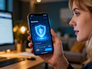 Kobieta trzymająca w dłoniach islandzkie monety oraz smartfon z aplikacją do przeliczania walut w nowoczesnym biurze.