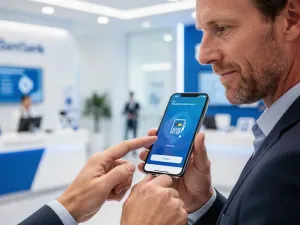 Kobieta trzymająca smartfon z aplikacją do przeliczania walut na tle rozmytej panoramy europejskiego miasta.