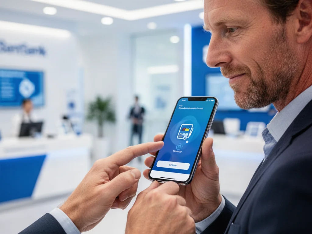 Mężczyzna aktywujący płatności mobilne BLIK na ekranie smartfona w nowoczesnym wnętrzu banku.