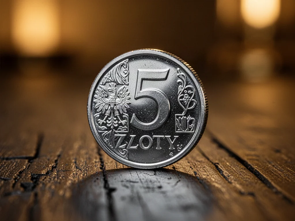 Zbliżenie na monetę 5-złotową leżącą na ciemnym, drewnianym blacie w eleganckim, ciepłym oświetleniu.