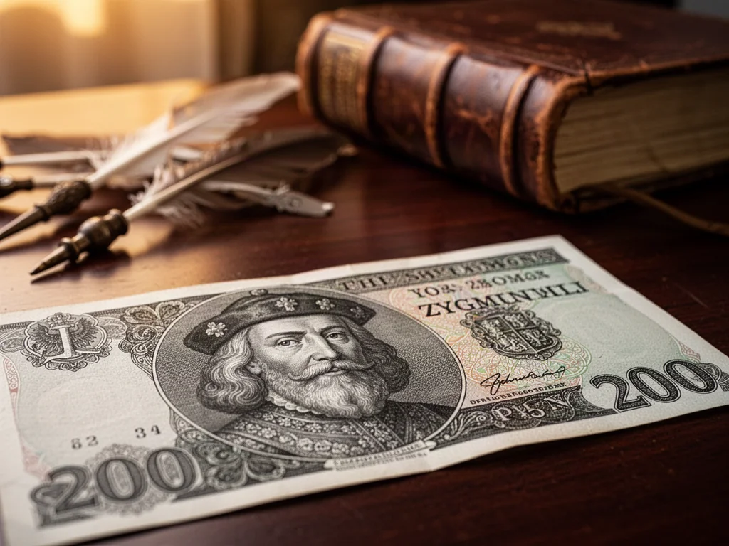 Zbliżenie na wizerunek króla Zygmunta I Starego na banknocie 200 zł, leżącym na drewnianym biurku w otoczeniu historycznych rekwizytów.