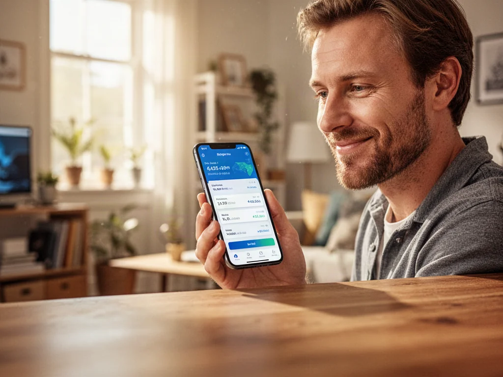 Mężczyzna zadowolony z obsługi aplikacji bankowej na smartfonie w domowym biurze.