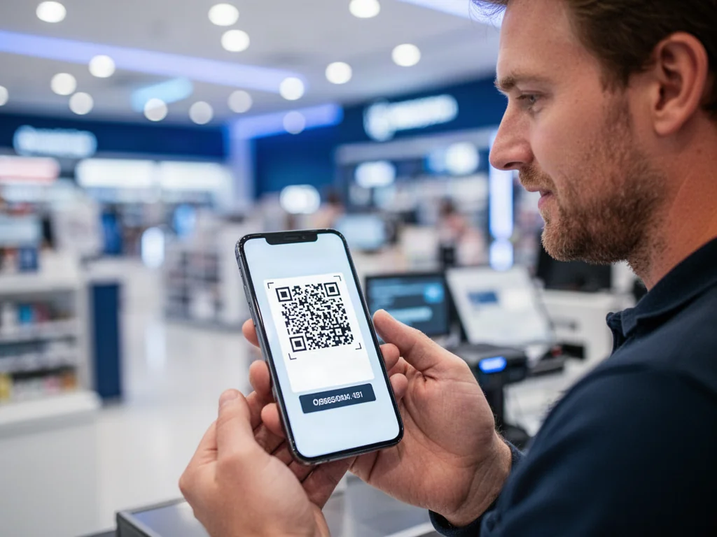 Mężczyzna skanujący telefonem kod QR przy kasie w sklepie, co ilustruje proces płatności mobilnej BLIK.