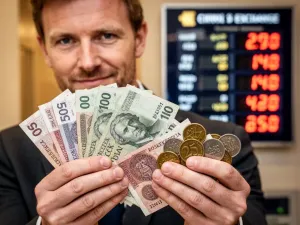 Mężczyzna trzymający w dłoniach plik czeskich koron na tle rozmytego kantoru walut.