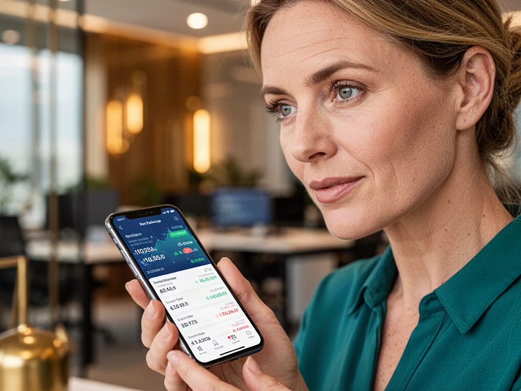 Kobieta sprawdza kurs walut w aplikacji na smartfonie w nowoczesnym biurze.
