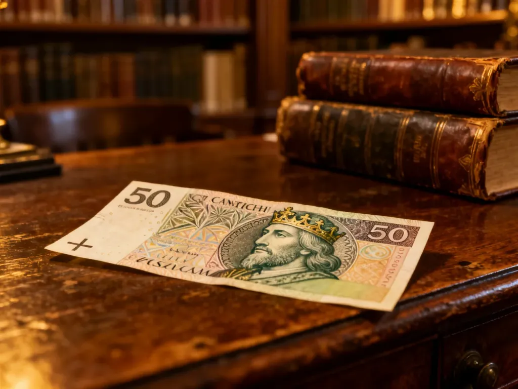Zbliżenie na portret Kazimierza Wielkiego na banknocie 50 zł, umieszczonym na tle starej biblioteki.
