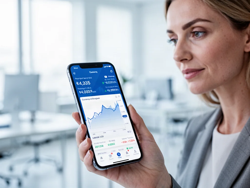 Kobieta trzymająca smartfon z aplikacją do śledzenia kursów walut na tle jasnego, nowoczesnego biura.