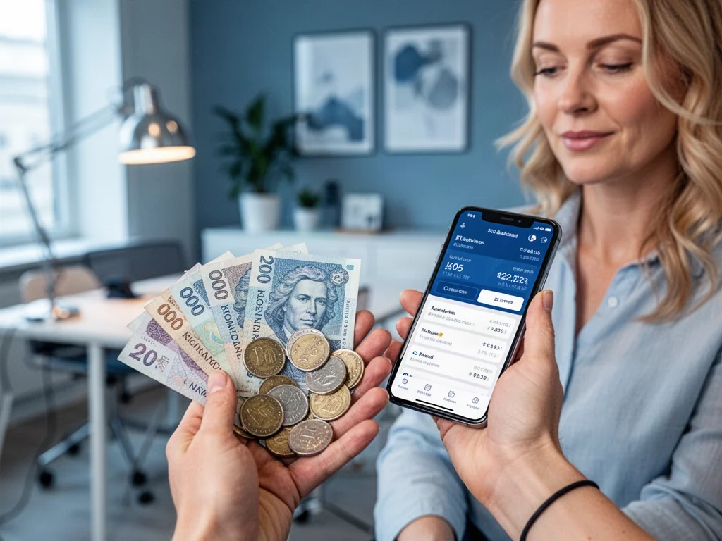 Kobieta trzymająca w dłoniach islandzkie monety oraz smartfon z aplikacją do przeliczania walut w nowoczesnym biurze.