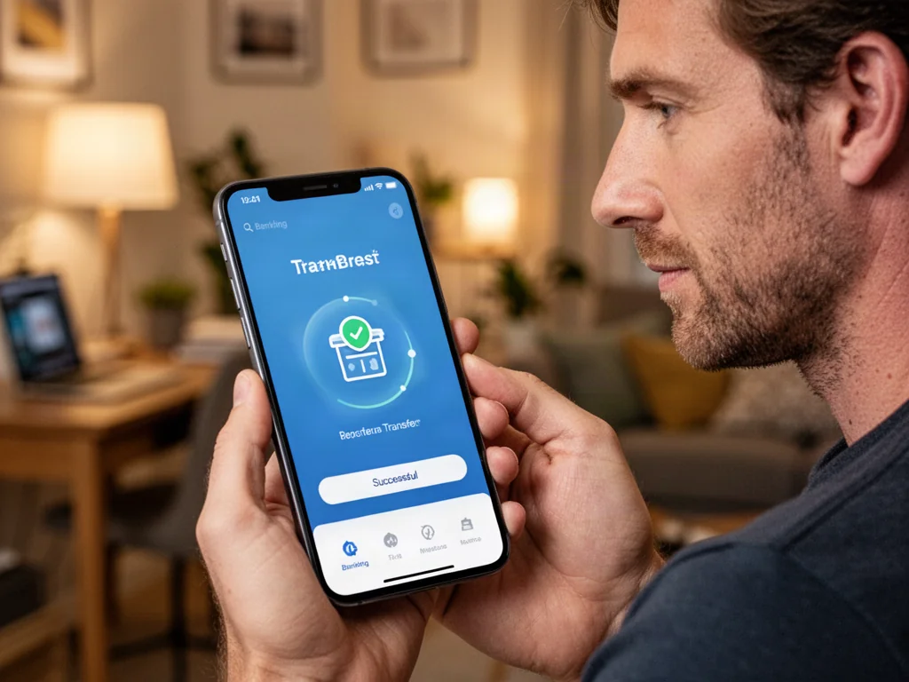 Mężczyzna trzymający smartfon z widocznym interfejsem bankowości mobilnej i ikoną potwierdzenia udanego przelewu.