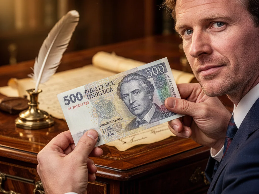 Zbliżenie na banknot 500 zł trzymany w dłoni na tle stylowego biurka z piórem i pergaminem, nawiązujące do historycznej postaci.
