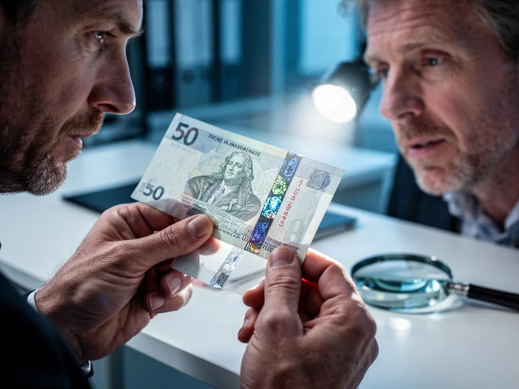Mężczyzna sprawdza zabezpieczenia banknotu 100 zł, podświetlając go w celu weryfikacji znaku wodnego.