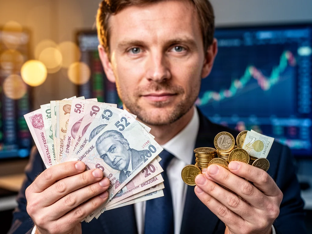 Mężczyzna trzymający w dłoniach banknoty liry tureckiej oraz monety złotego, ilustrujący wymianę walut.