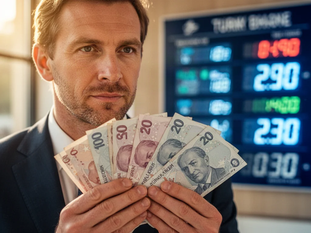 Mężczyzna trzymający w dłoniach banknoty liry tureckiej na tle tablicy z kursami walut.