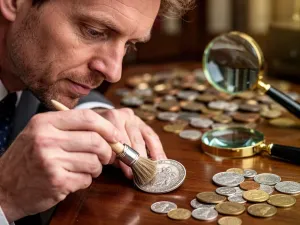 Mężczyzna trzyma smartfon z aplikacją do przeliczania walut na tle duńskich monet i banknotów.