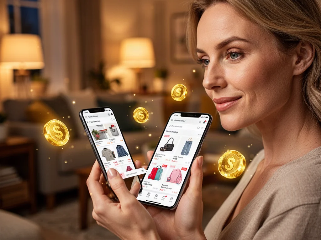 Kobieta przeglądająca aplikację zakupową na smartfonie, wokół którego unoszą się cyfrowe ikony złotych monet.