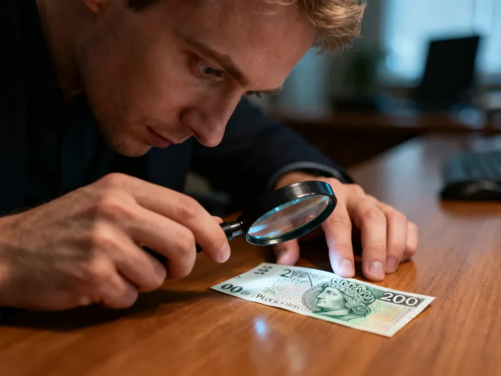 Osoba używająca lupy do sprawdzania zabezpieczeń na banknocie 200 zł, aby zweryfikować jego autentyczność.