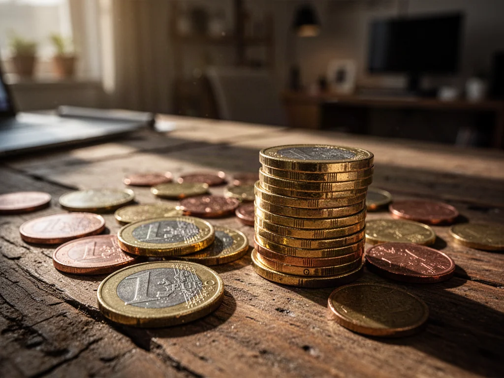 Stos monet euro leżący na drewnianym stole w ciepłym świetle, ilustrujący pojęcie bilonu.